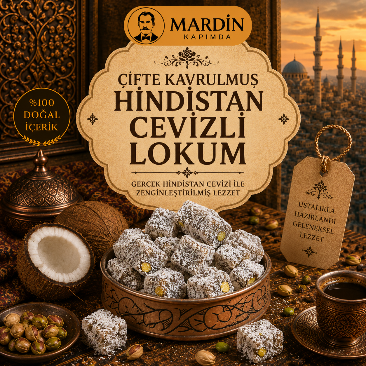 Çifte Kavrulmuş Hindistan Cevizli Fıstıklı Lokum 500 Gr